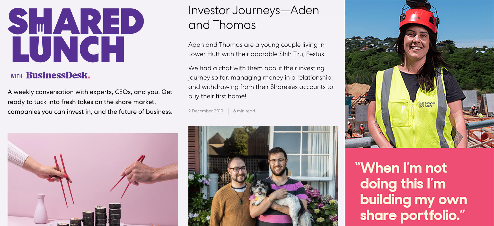 Various screenshots of Sharesies ads and blog posts