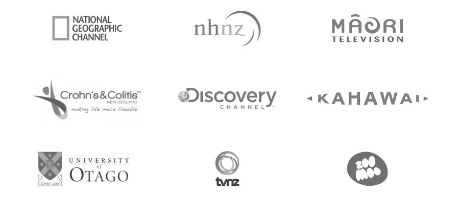 Various company logos. National Geographic, NHNZ, Maori TV, Crohn's & Colitis, Discovery, Kahawai, University of Otago, TVNZ, ZooMoo